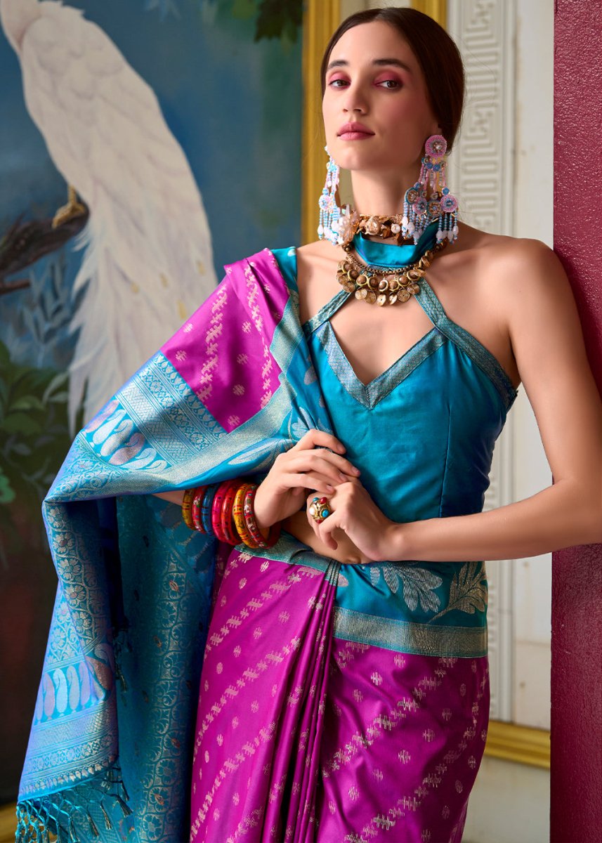 Magenta Purple Banarasi Silk Saree with Contrasting Pallu and Woven Zari - House of Sarvati LLC