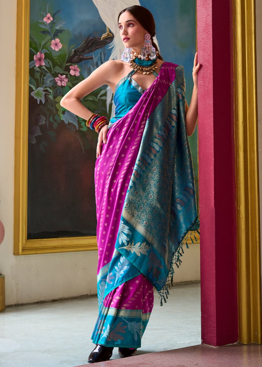 Magenta Purple Banarasi Silk Saree with Contrasting Pallu and Woven Zari - House of Sarvati LLC
