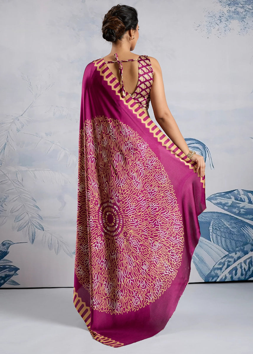 Magenta Purple Saree in Modal Satin with Classic Ajrakh Print - House of Sarvati LLC