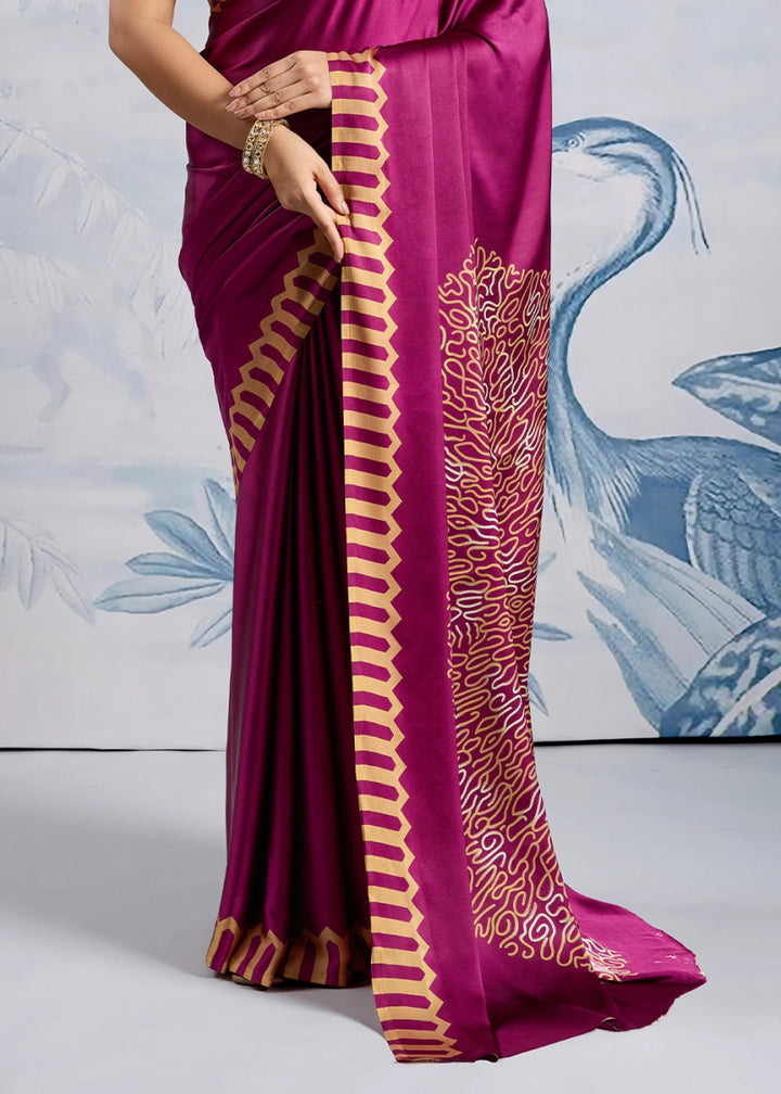 Magenta Purple Saree in Modal Satin with Classic Ajrakh Print - House of Sarvati LLC