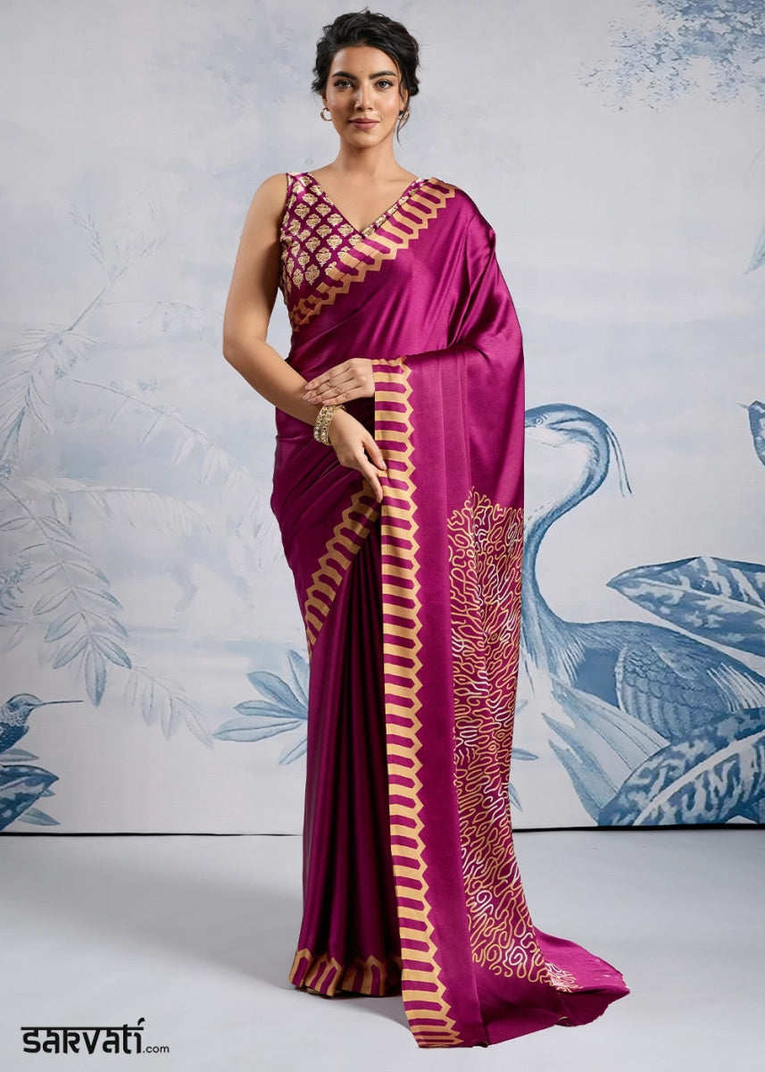 Magenta Purple Saree in Modal Satin with Classic Ajrakh Print - House of Sarvati LLC