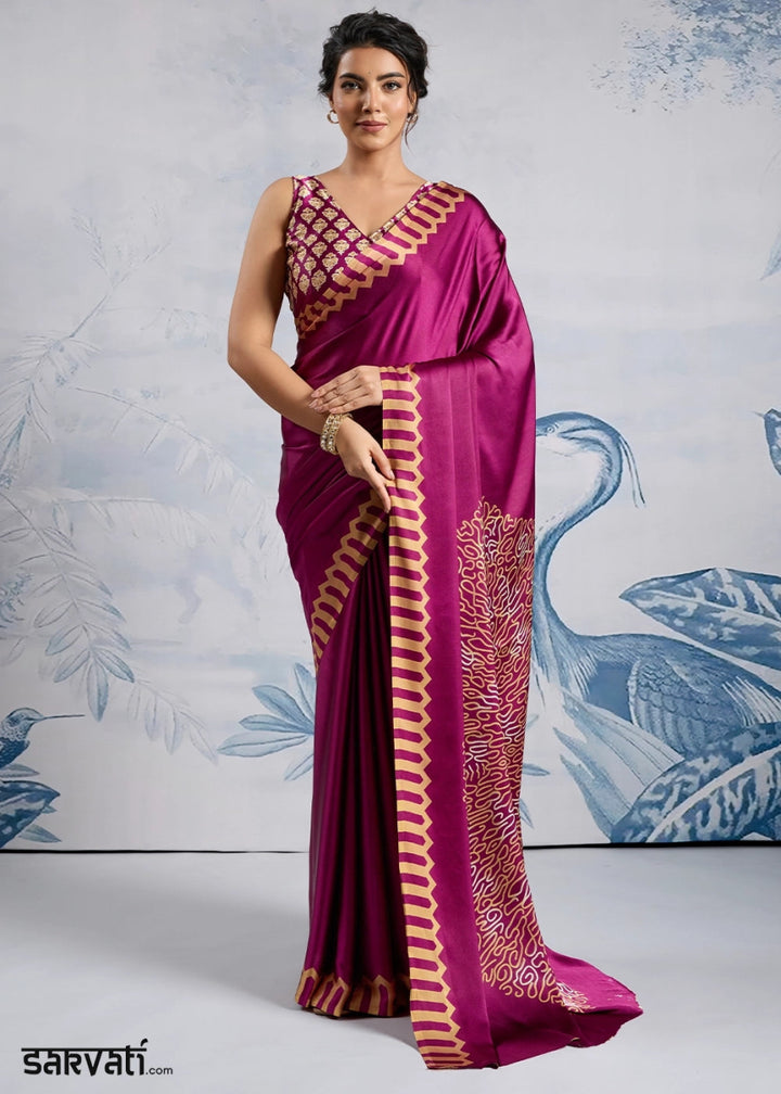 Magenta Purple Saree in Modal Satin with Classic Ajrakh Print - House of Sarvati LLC
