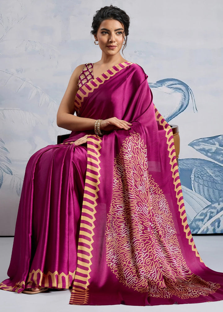 Magenta Purple Saree in Modal Satin with Classic Ajrakh Print - House of Sarvati LLC