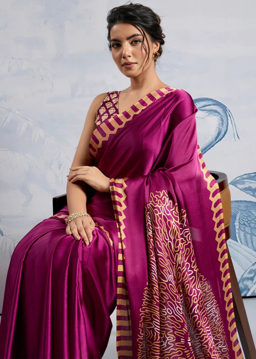 Magenta Purple Saree in Modal Satin with Classic Ajrakh Print - House of Sarvati LLC