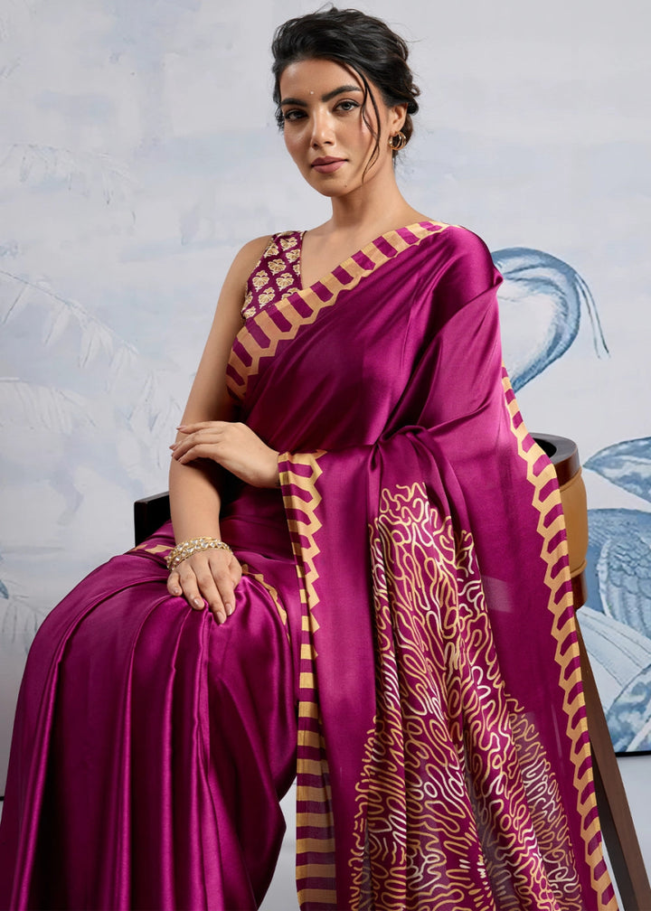 Magenta Purple Saree in Modal Satin with Classic Ajrakh Print - House of Sarvati LLC
