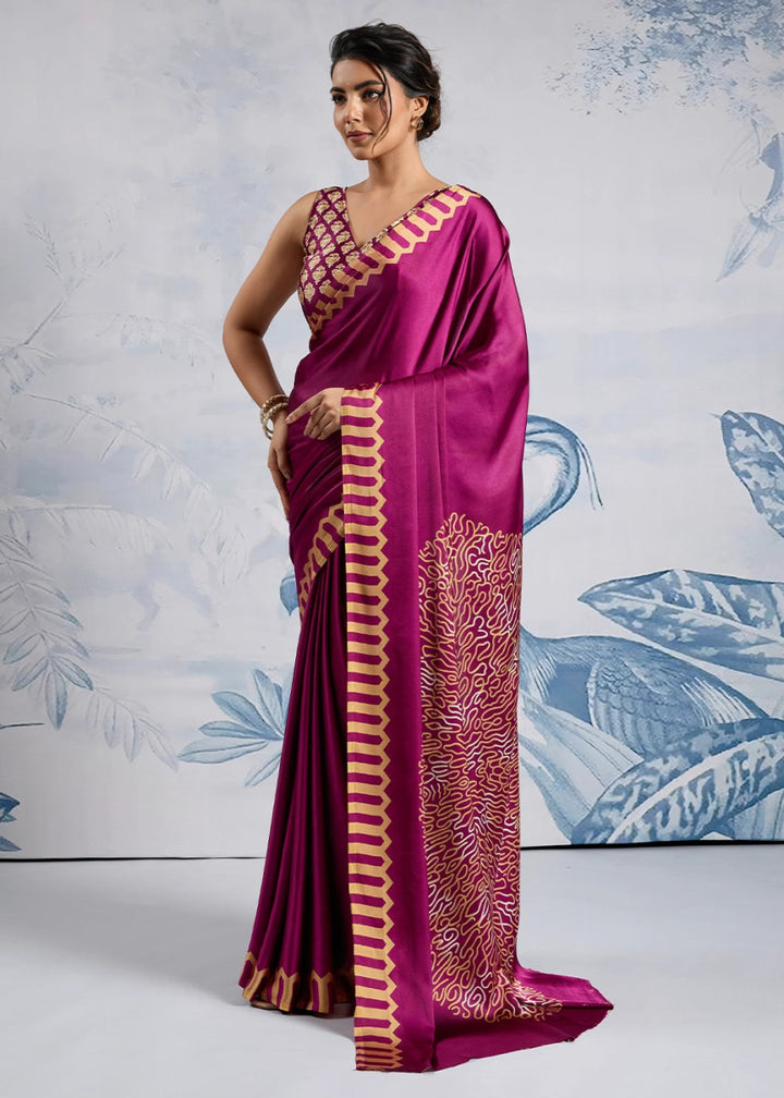 Magenta Purple Saree in Modal Satin with Classic Ajrakh Print - House of Sarvati LLC