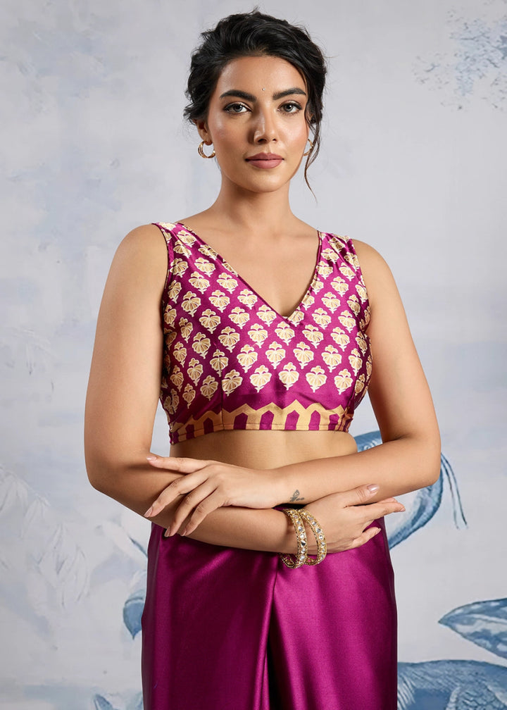 Magenta Purple Saree in Modal Satin with Classic Ajrakh Print - House of Sarvati LLC
