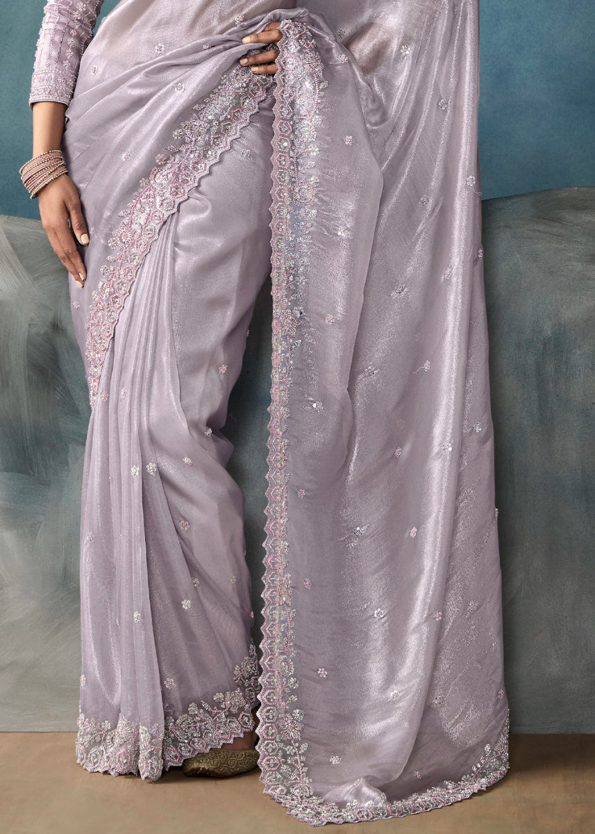 Magnolia Purple Designer Saree in Tissue Fabric with Hand Embroidery - House of Sarvati LLC