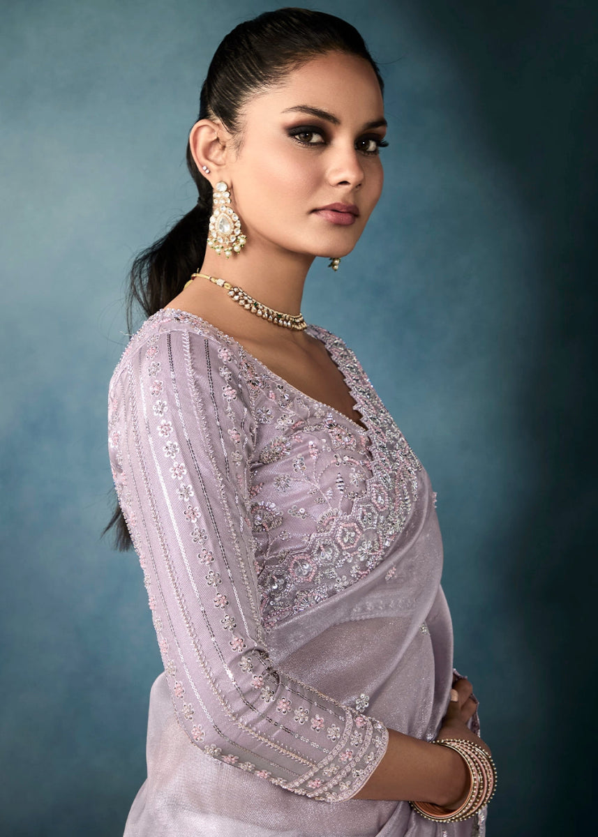 Magnolia Purple Designer Saree in Tissue Fabric with Hand Embroidery - House of Sarvati LLC