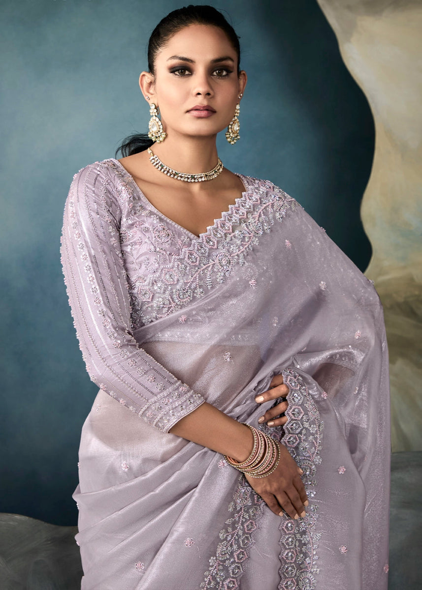 Magnolia Purple Designer Saree in Tissue Fabric with Hand Embroidery - House of Sarvati LLC