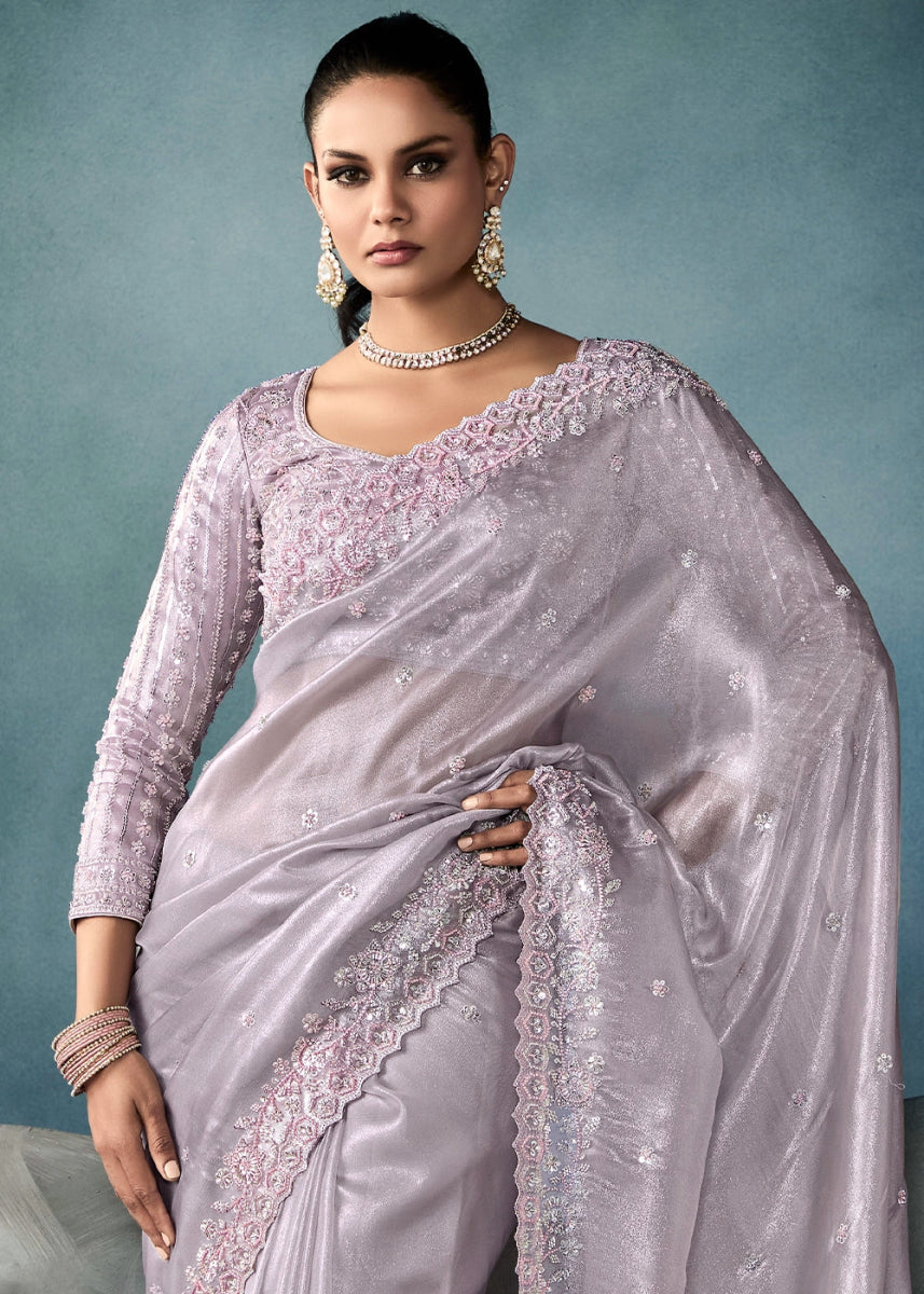 Magnolia Purple Designer Saree in Tissue Fabric with Hand Embroidery - House of Sarvati LLC