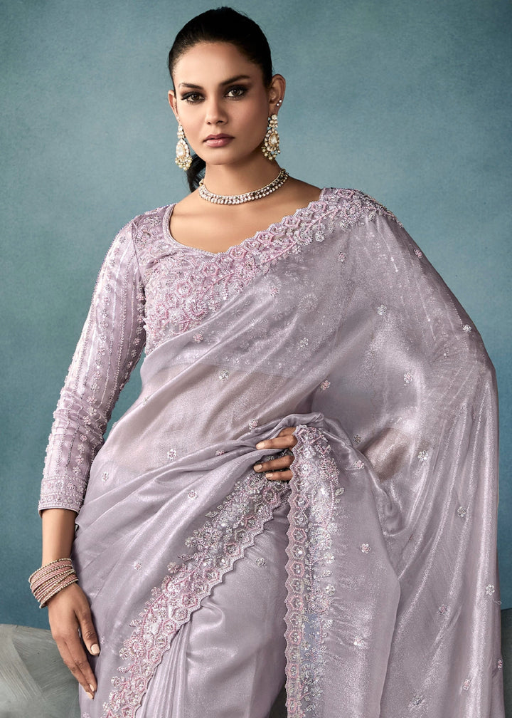Magnolia Purple Designer Saree in Tissue Fabric with Hand Embroidery - House of Sarvati LLC