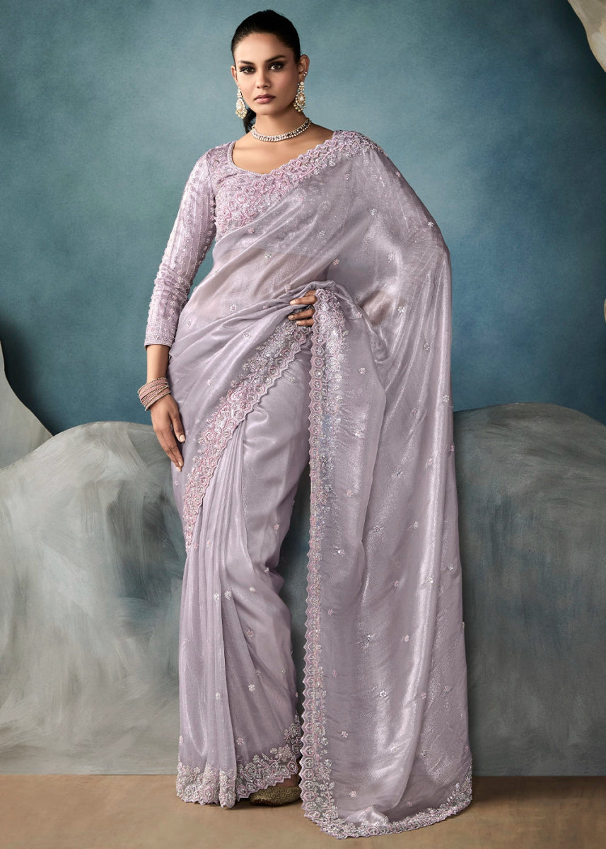 Magnolia Purple Designer Saree in Tissue Fabric with Hand Embroidery - House of Sarvati LLC