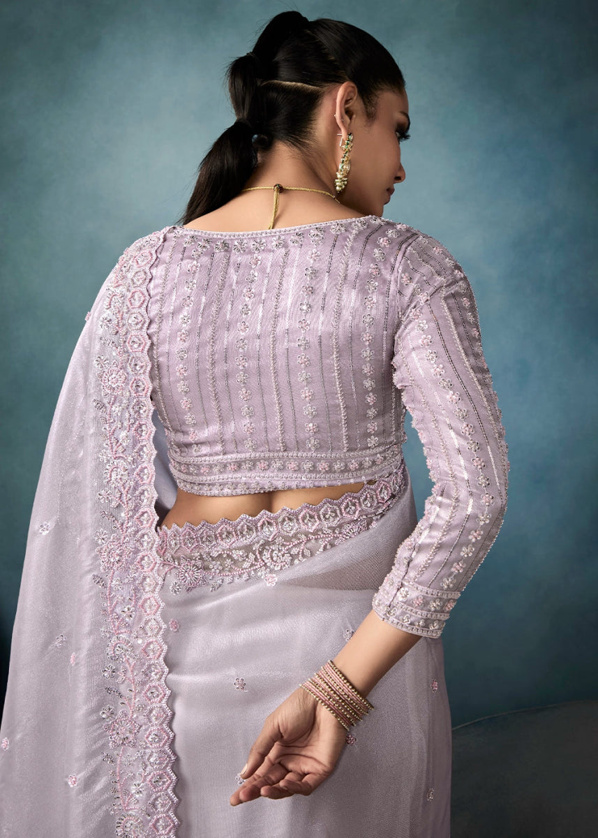 Magnolia Purple Designer Saree in Tissue Fabric with Hand Embroidery - House of Sarvati LLC