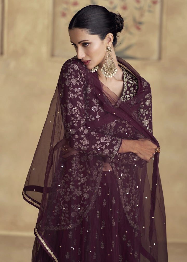 Mahogany Brown Floral Embroidered Skirt Top Set in Luxe Chinon Silk - House of Sarvati LLC