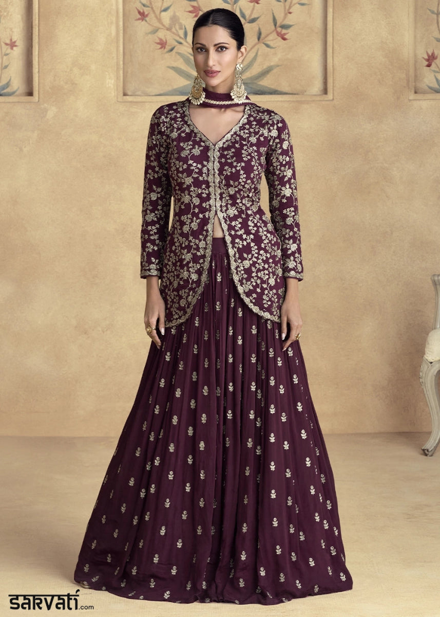 Mahogany Brown Floral Embroidered Skirt Top Set in Luxe Chinon Silk - House of Sarvati LLC