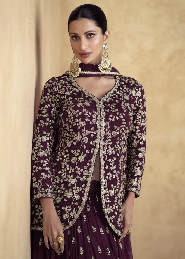 Mahogany Brown Floral Embroidered Skirt Top Set in Luxe Chinon Silk - House of Sarvati LLC