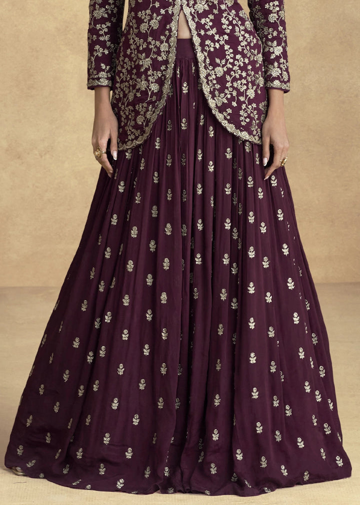 Mahogany Brown Floral Embroidered Skirt Top Set in Luxe Chinon Silk - House of Sarvati LLC