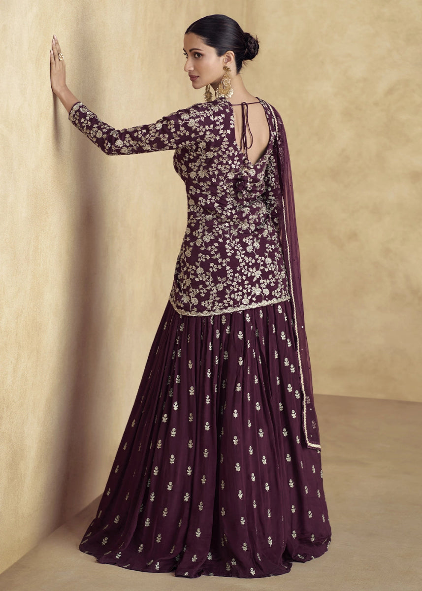 Mahogany Brown Floral Embroidered Skirt Top Set in Luxe Chinon Silk - House of Sarvati LLC