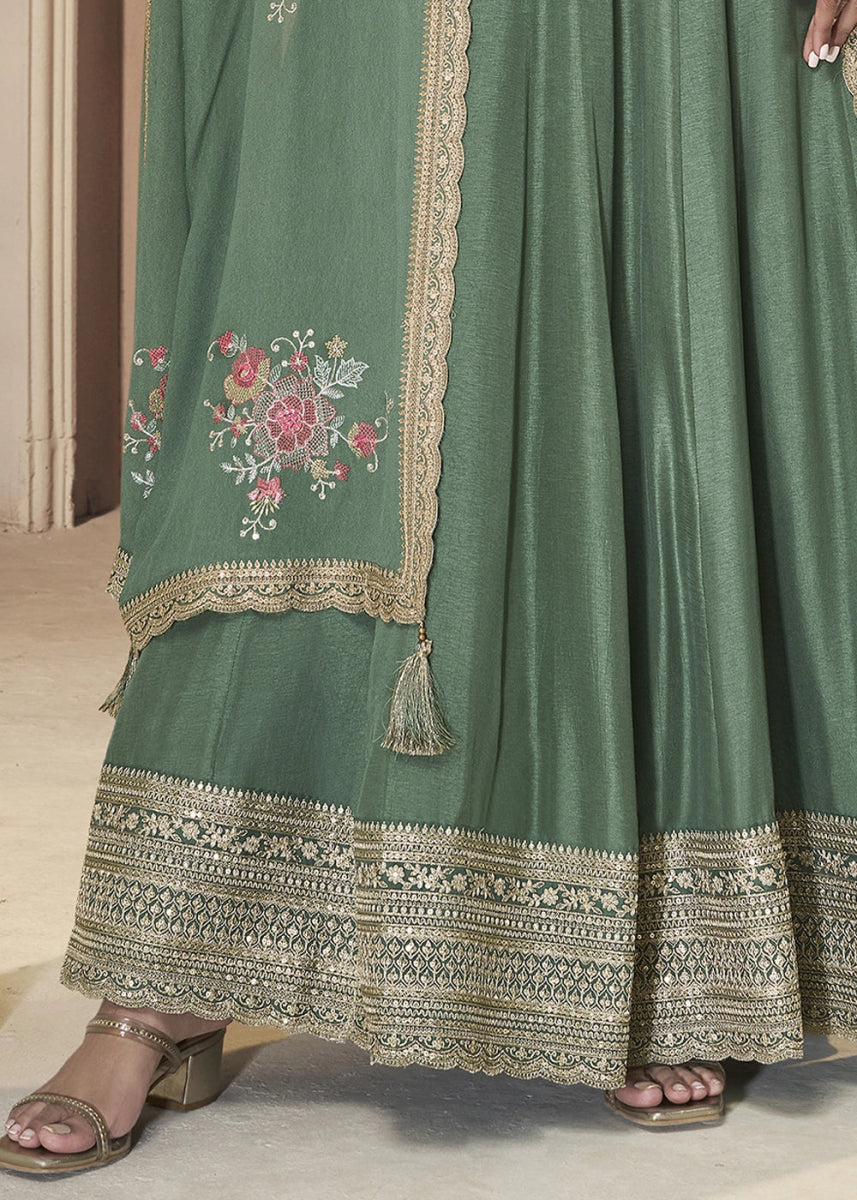 Mantis Green Anarkali in Dola Silk Featuring Sequin Embroidery Work - House of Sarvati LLC