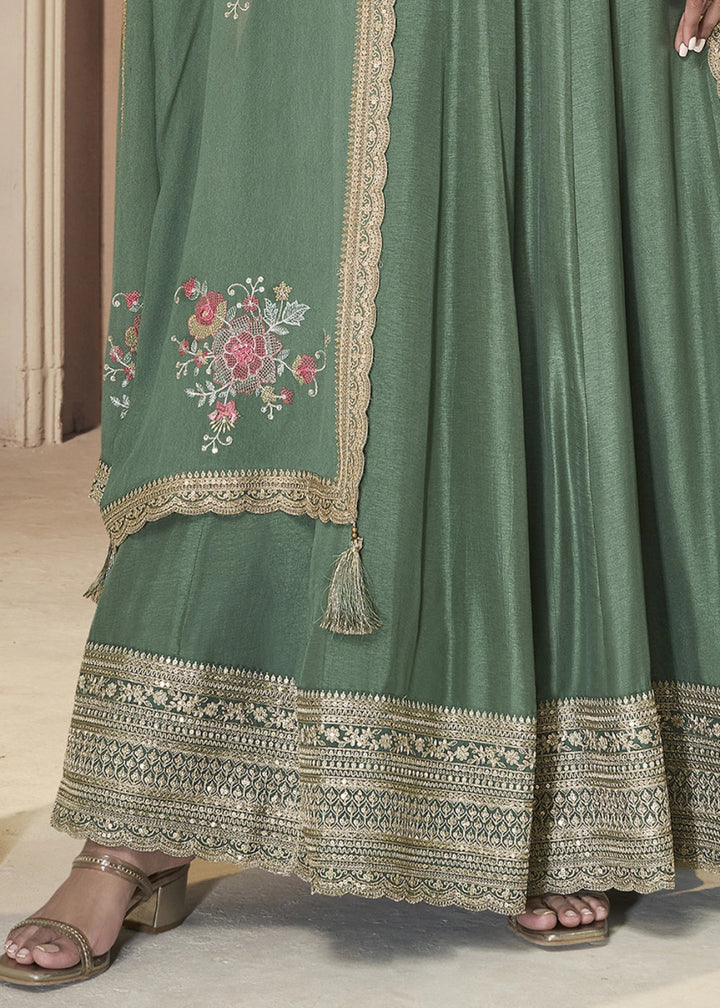 Mantis Green Anarkali in Dola Silk Featuring Sequin Embroidery Work - House of Sarvati LLC
