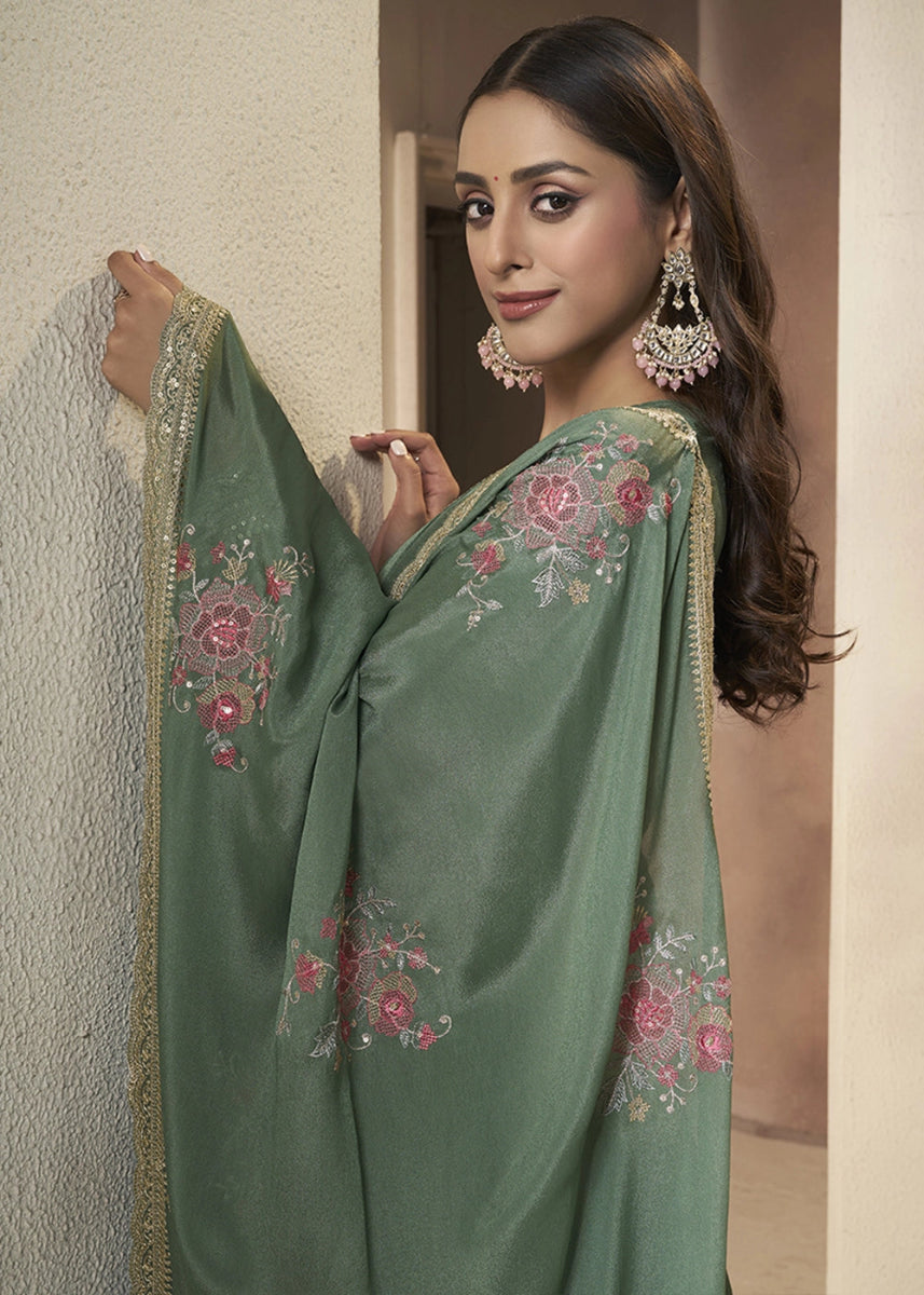 Mantis Green Anarkali in Dola Silk Featuring Sequin Embroidery Work - House of Sarvati LLC