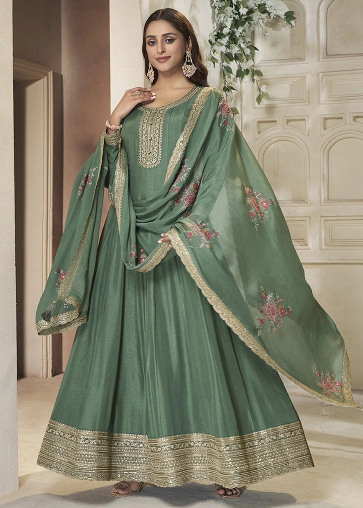 Mantis Green Anarkali in Dola Silk Featuring Sequin Embroidery Work - House of Sarvati LLC