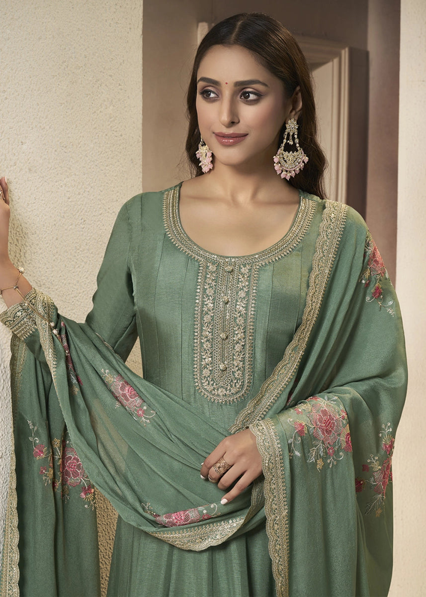 Mantis Green Anarkali in Dola Silk Featuring Sequin Embroidery Work - House of Sarvati LLC
