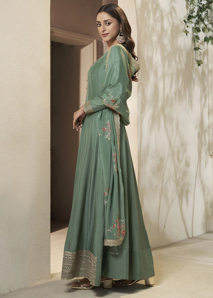 Mantis Green Anarkali in Dola Silk Featuring Sequin Embroidery Work - House of Sarvati LLC