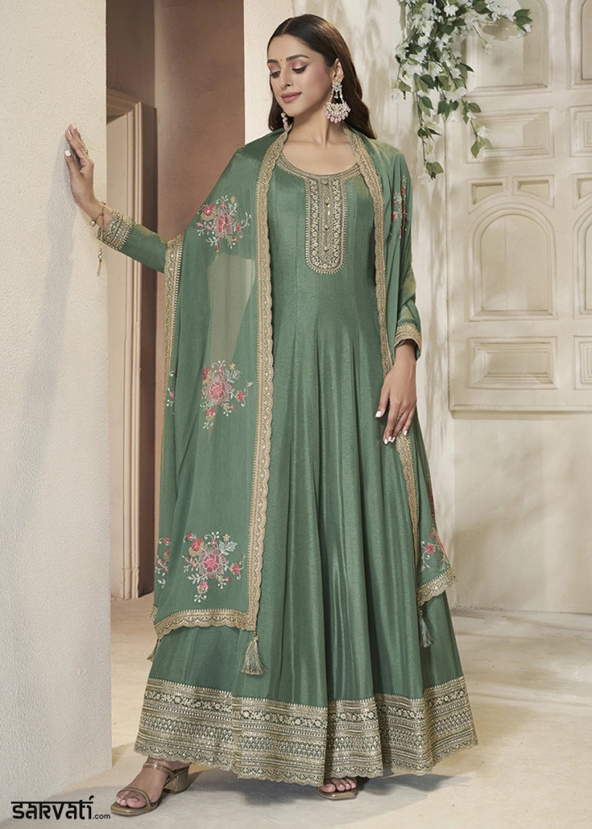 Mantis Green Anarkali in Dola Silk Featuring Sequin Embroidery Work - House of Sarvati LLC