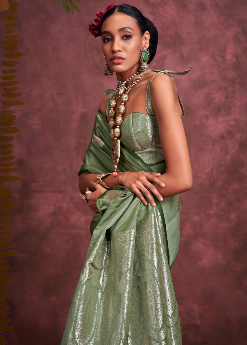 Mantis Green Satin Silk Saree Handcrafted with a Lustrous Drape - House of Sarvati LLC