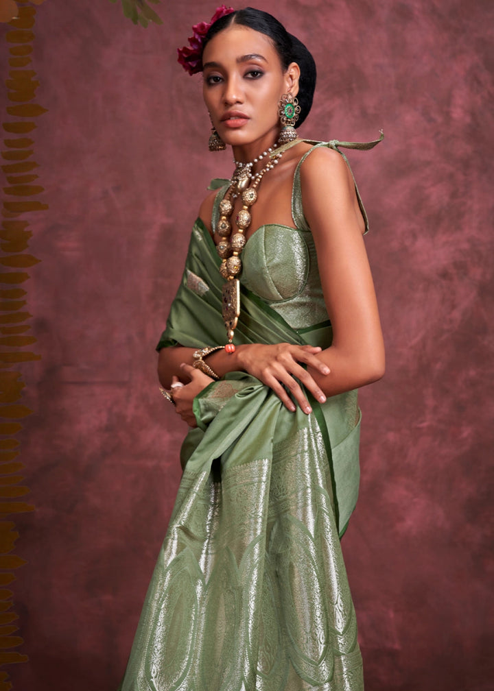 Mantis Green Satin Silk Saree Handcrafted with a Lustrous Drape - House of Sarvati LLC