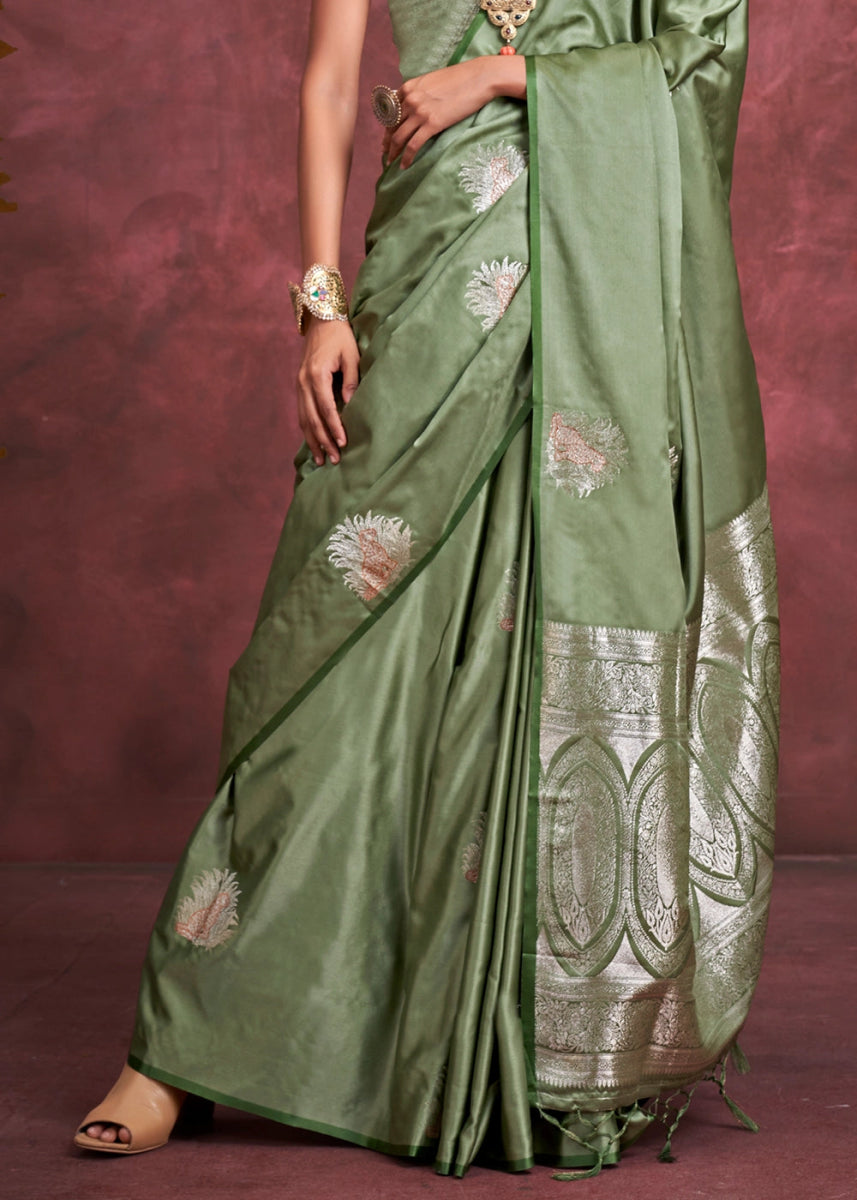 Mantis Green Satin Silk Saree Handcrafted with a Lustrous Drape - House of Sarvati LLC