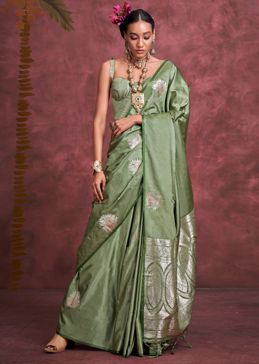 Mantis Green Satin Silk Saree Handcrafted with a Lustrous Drape - House of Sarvati LLC