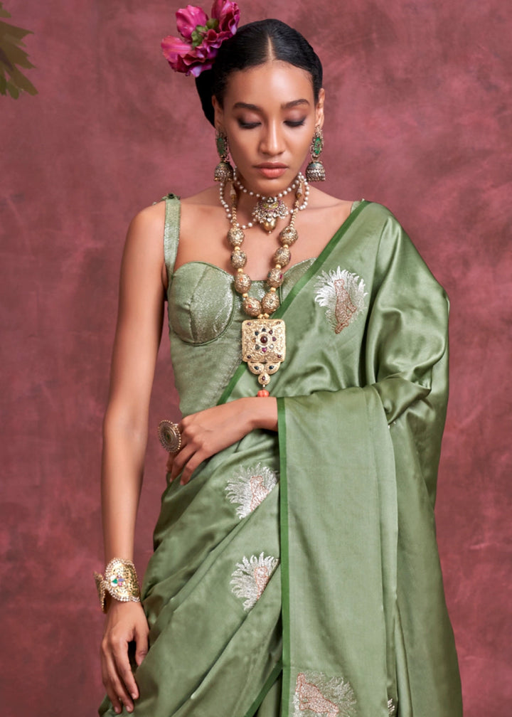 Mantis Green Satin Silk Saree Handcrafted with a Lustrous Drape - House of Sarvati LLC