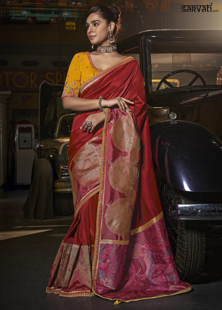 Maroon Red Banarasi Silk Saree with Artistic Woven Pallu & Embellished Blouse - House of Sarvati LLC