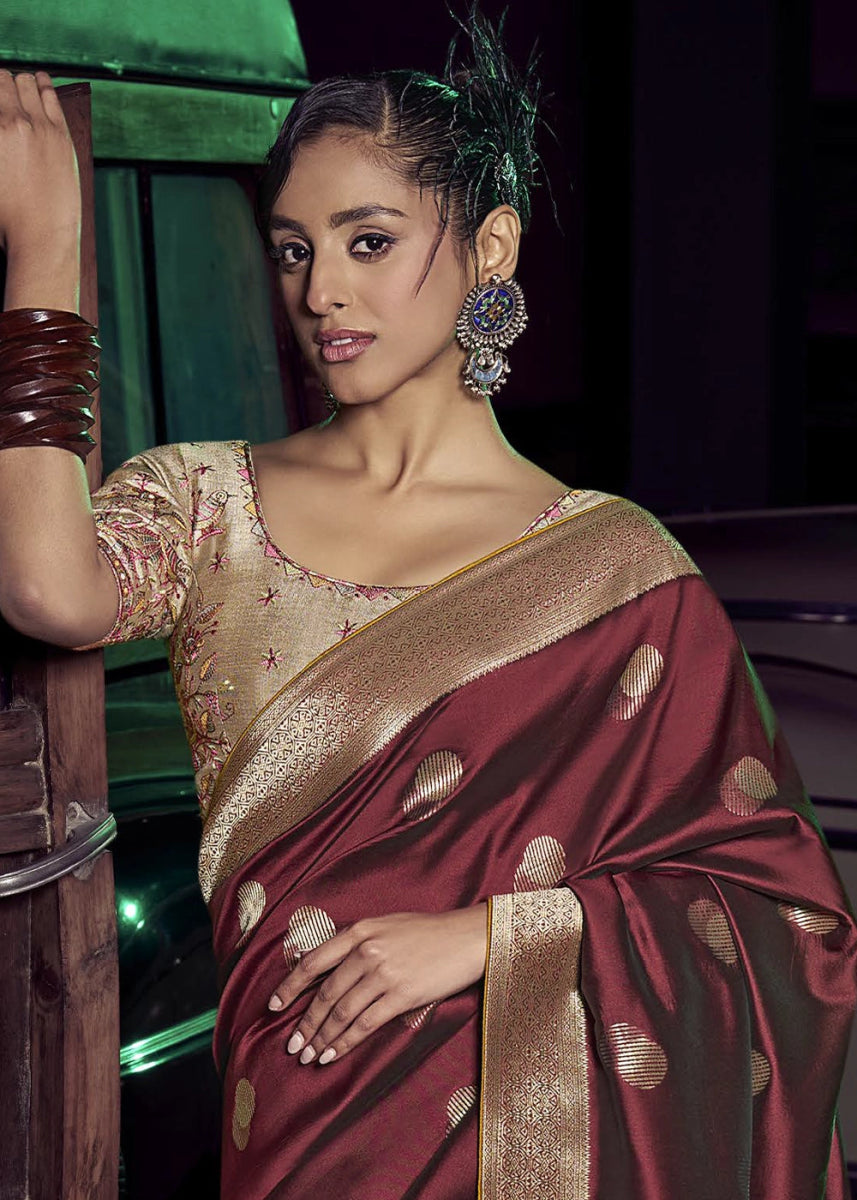 Maroon Red Banarasi Silk Saree with Opulent Zari Work & Embellished Blouse - House of Sarvati LLC