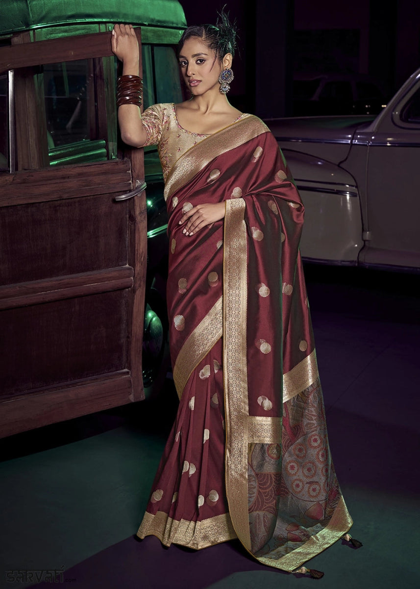 Maroon Red Banarasi Silk Saree with Opulent Zari Work & Embellished Blouse - House of Sarvati LLC