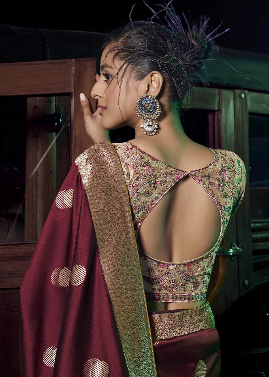 Maroon Red Banarasi Silk Saree with Opulent Zari Work & Embellished Blouse - House of Sarvati LLC