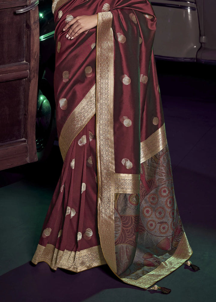 Maroon Red Banarasi Silk Saree with Opulent Zari Work & Embellished Blouse - House of Sarvati LLC