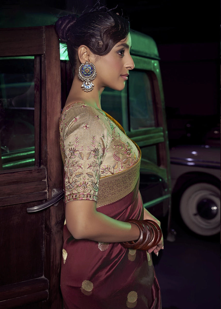 Maroon Red Banarasi Silk Saree with Opulent Zari Work & Embellished Blouse - House of Sarvati LLC