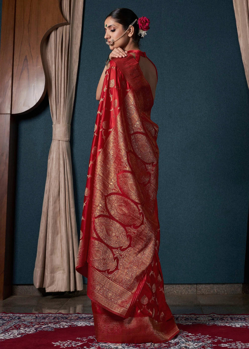 Maroon Red Banarasi - Style Satin Silk Saree with Zari work - House of Sarvati LLC