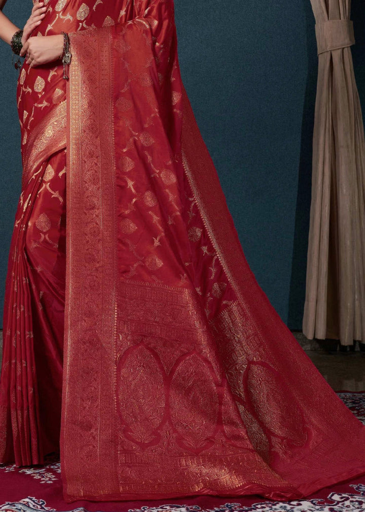 Maroon Red Banarasi - Style Satin Silk Saree with Zari work - House of Sarvati LLC