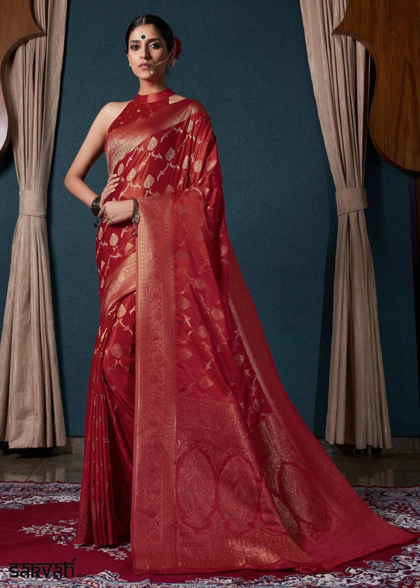 Maroon Red Banarasi - Style Satin Silk Saree with Zari work - House of Sarvati LLC