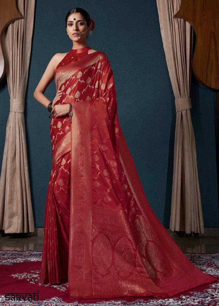 Maroon Red Banarasi - Style Satin Silk Saree with Zari work - House of Sarvati LLC