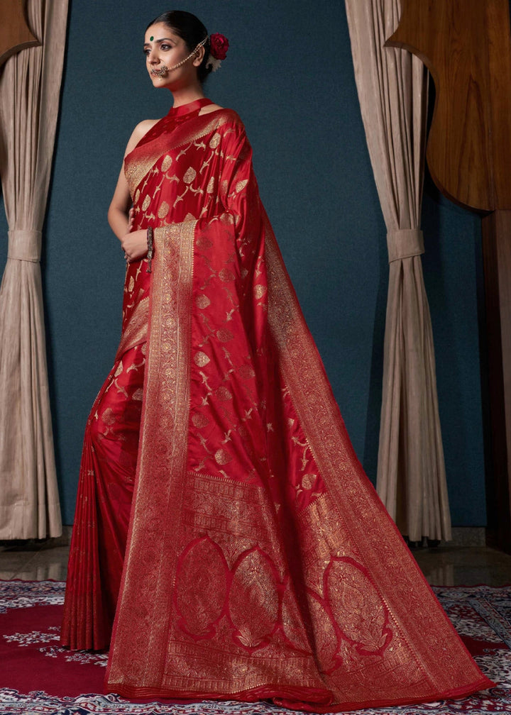 Maroon Red Banarasi - Style Satin Silk Saree with Zari work - House of Sarvati LLC
