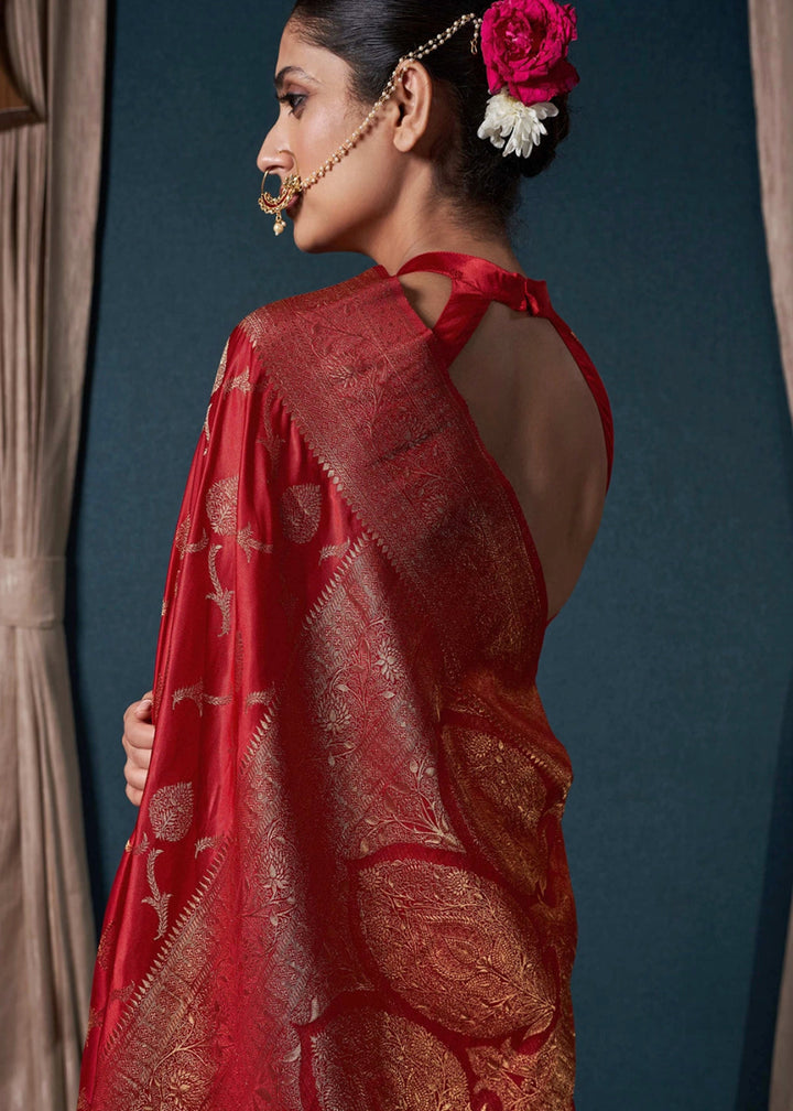 Maroon Red Banarasi - Style Satin Silk Saree with Zari work - House of Sarvati LLC