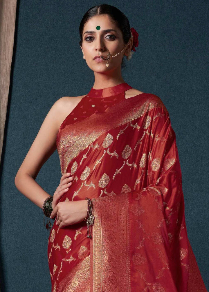 Maroon Red Banarasi - Style Satin Silk Saree with Zari work - House of Sarvati LLC