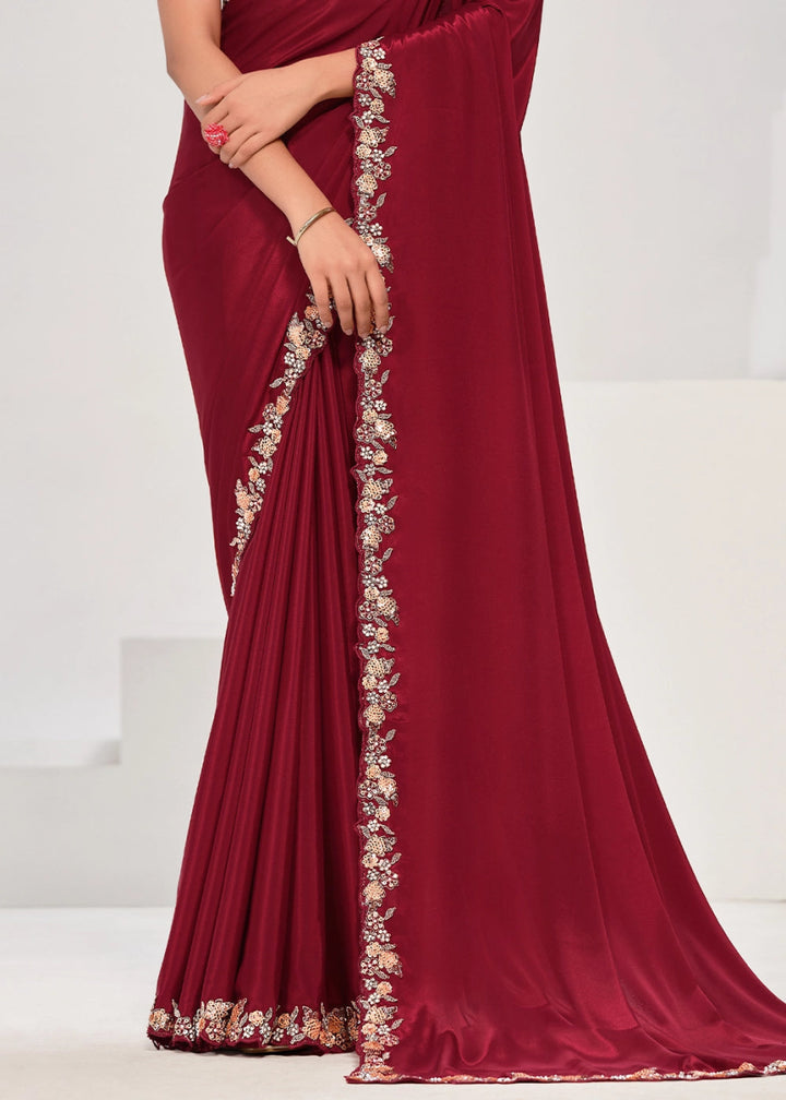 Maroon Red Crepe Georgette Saree with Intricate Sequin & Moti Embroidery - House of Sarvati LLC
