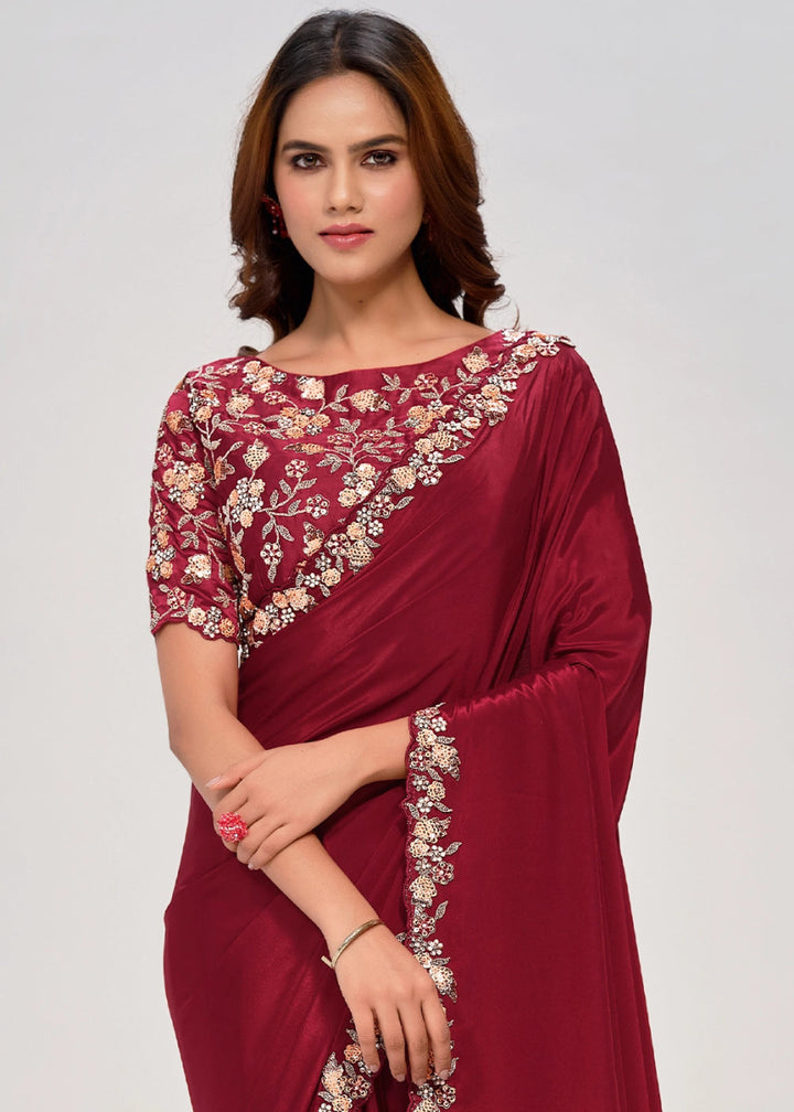 Maroon Red Crepe Georgette Saree with Intricate Sequin & Moti Embroidery - House of Sarvati LLC
